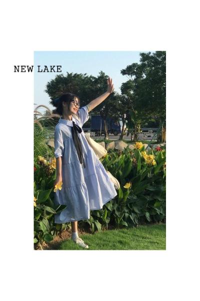 NEW LAKE小个子初中生连衣裙奶蓝色夏季新款学生胖mm显瘦长裙少女可盐可甜