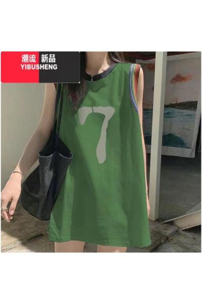 YIBUSHENG多巴胺拼接撞色背心无袖T恤女中长款外穿休闲宽松篮球上衣服