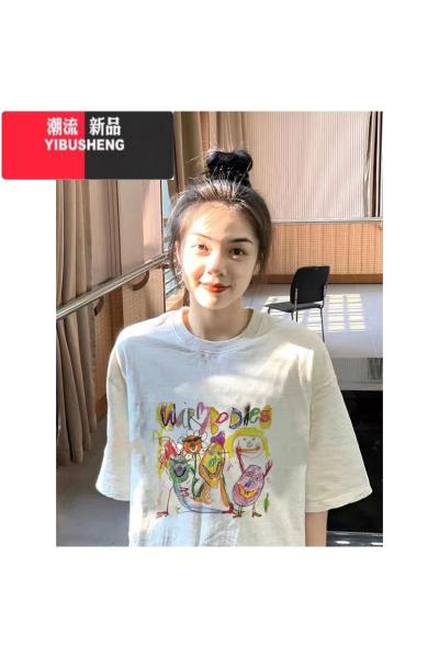 YIBUSHENG短袖t恤女季宽松韩版趣味卡通印花设计感小众独特上衣ins潮