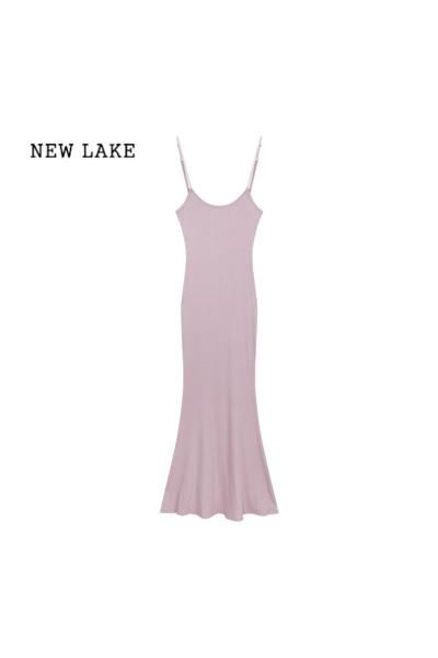 NEW LAKE紫色露背吊带连衣裙女夏季性感纯欲紧身鱼尾裙子中长款收腰包臀裙