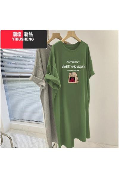 YIBUSHENG胖mm300斤过膝t恤裙女款慵懒风中长裙子潮特大码宽松短袖连衣裙