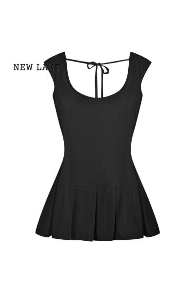 NEW LAKE娜娜~法式复古无袖连衣裙女夏新款设计感小众性感露背系带小黑裙