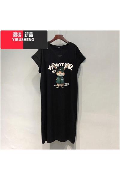 YIBUSHENG大码女装V领T恤连衣裙季短袖胖mm遮肚显瘦长裙法式过膝裙子