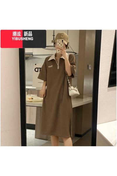 YIBUSHENG中长款polo翻领t恤连衣裙女2024季宽松ins刺绣懒人孕妇短袖上衣