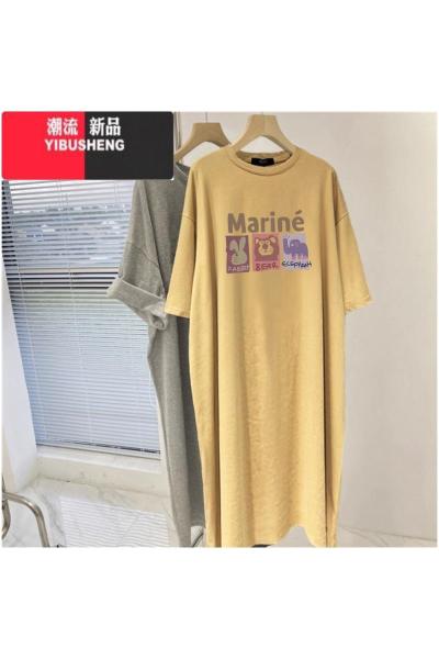YIBUSHENG大码女装t恤裙子季衣服中长款过膝连衣裙胖mm加肥显瘦长裙