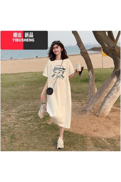 YIBUSHENG大码女装短袖t恤连衣裙装衣服胖mm宽松遮肚显瘦长裙小个子