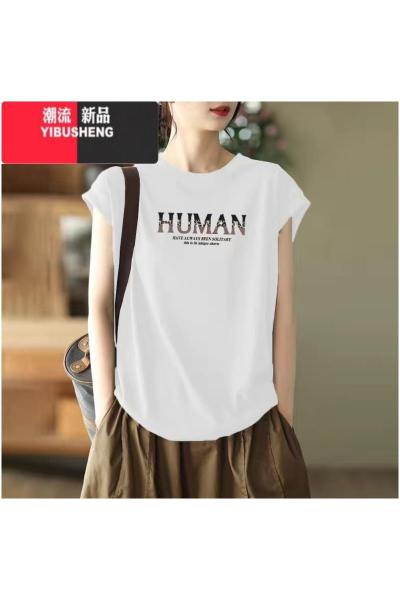 YIBUSHENG季新款胖mm圆领宽松上衣女韩版文艺印花大码显瘦无袖t恤女