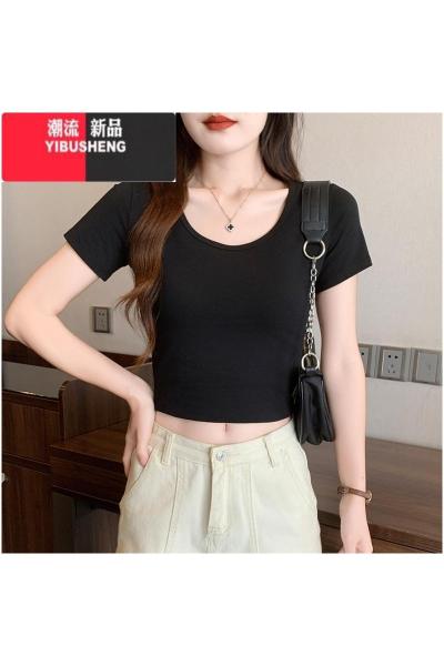 YIBUSHENG黑色短袖t恤女2024季新款u领高腰露脐正肩短款洋气卡腰上衣