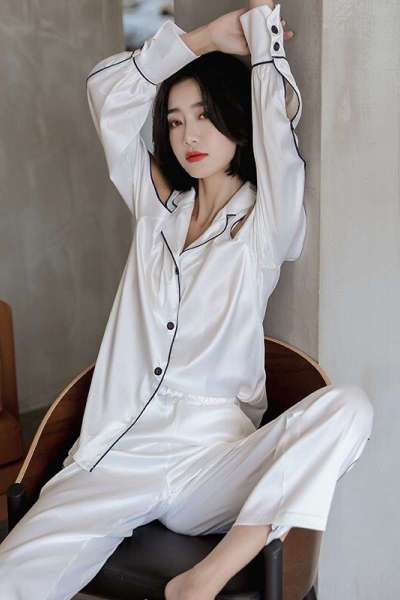 波迷娜(BOMINA)丝绸睡衣女春季薄款冰丝睡衣女秋韩版长袖裸肩服两件套装 白色 预售15天左右