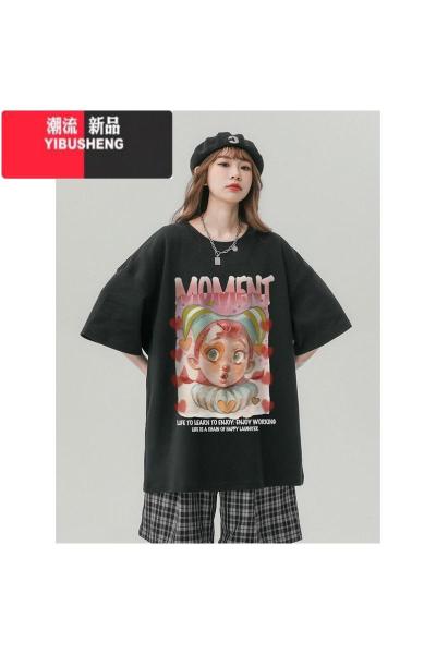 YIBUSHENG日系复古甜酷风短袖T恤男女大码宽松胖mm休闲情侣装半袖上衣