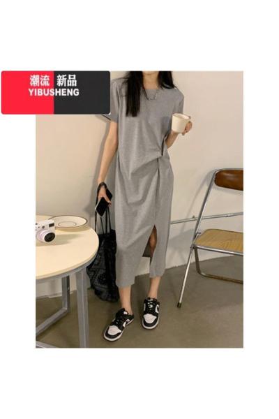 YIBUSHENG特大码300斤胖mm短袖t恤连衣裙女季慵懒风侧开叉休闲显瘦长裙子