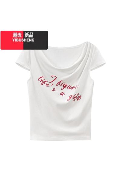 YIBUSHENG字母印花一字肩T恤女季新款纯欲风修身显瘦短款两穿独特上衣ins
