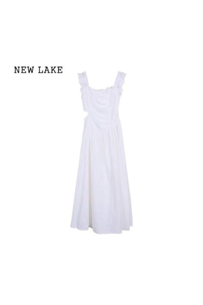 NEW LAKE法式初恋小飞袖茶歇裙女夏新款收腰显瘦褶皱遮跨甜美气质连衣裙子