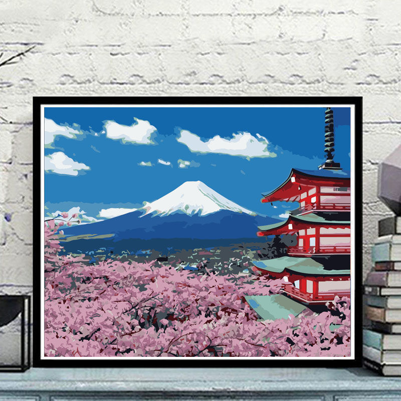 diy数字油画风景花卉手绘涂色客厅大幅装饰油彩画 日本樱花富士山 f