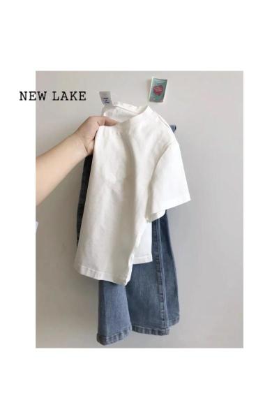 NEW LAKE白色正肩短袖t恤女夏季小众设计感别致独特卡腰小衫纯棉短款上衣
