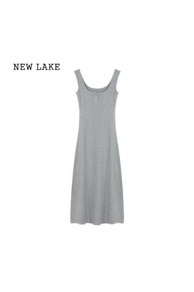 NEW LAKE韩系灰色吊带连衣裙女夏季无袖背心裙子小个子收腰显瘦a字裙长裙