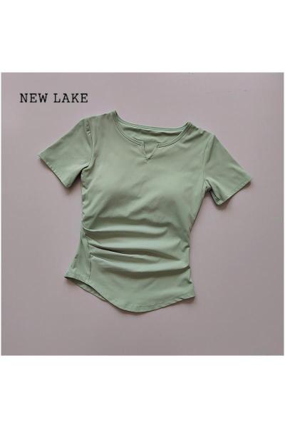 NEW LAKEV领带胸垫瑜伽服短袖女夏季显瘦训练健身上衣速干跑步运动T恤