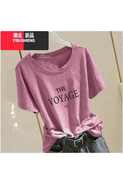 YIBUSHENG短袖t恤女2024新款装ins女装印花竹节棉宽松大码半袖体恤潮