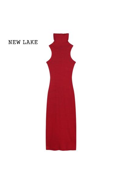 NEW LAKE红色高领无袖背心连衣裙女春季内搭裙打底裙子长裙紧身性感包臀裙