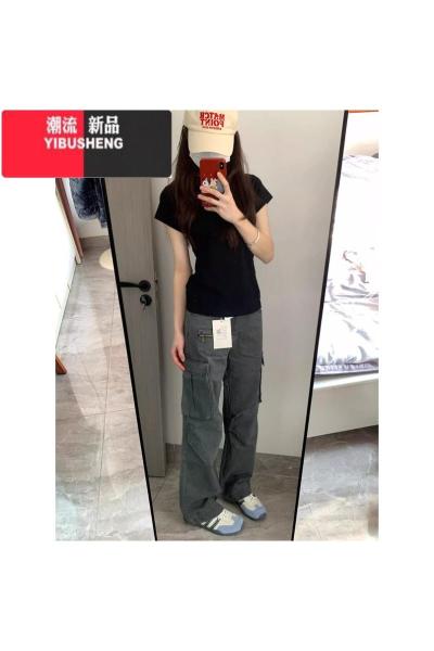 YIBUSHENG韩系黑色正肩圆领短袖t恤女2024新款季洋气独特别致收腰上衣服