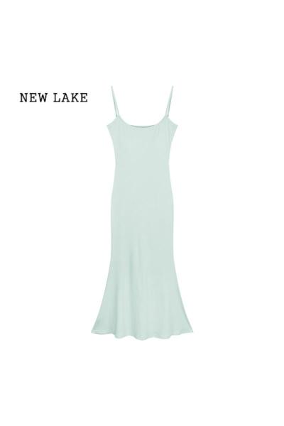 NEW LAKE绿色性感辣妹吊带连衣裙女装夏季新款修身鱼尾裙显身材收腰长裙子