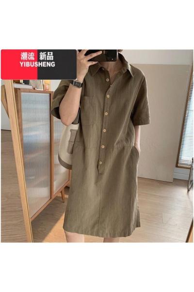 YIBUSHENG~日系工装亚麻衬衫裙女短袖中长款宽松休闲棉麻连衣裙