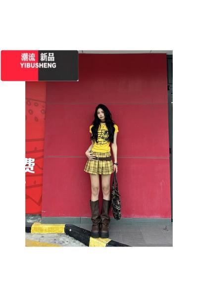 YIBUSHENG美式多巴胺黄色正肩短袖t恤女2024新款辣妹修身显瘦设计感上衣
