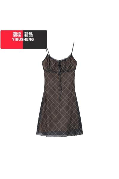 YIBUSHENG法式复古蝴蝶结系带吊带连衣裙女季气质收腰显瘦A字裙