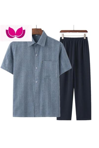 七斓夏季中老年衬衫男棉麻套装爸爸装夏装60-70-80岁老人宽松爷爷衬衣