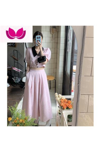 七斓小香风撞色短袖衬衫气质中长款半身裙女春装2023新款甜辣时尚套装