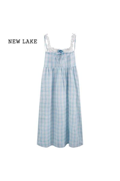 NEW LAKE休闲盐系少女海边连衣裙假两件夏季气质梨型身材微胖穿搭吊带裙子