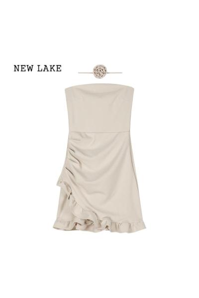 NEW LAKE一字肩抹胸连衣裙女夏季气质花朵纯欲收腰荷叶边裙子性感包臀短裙
