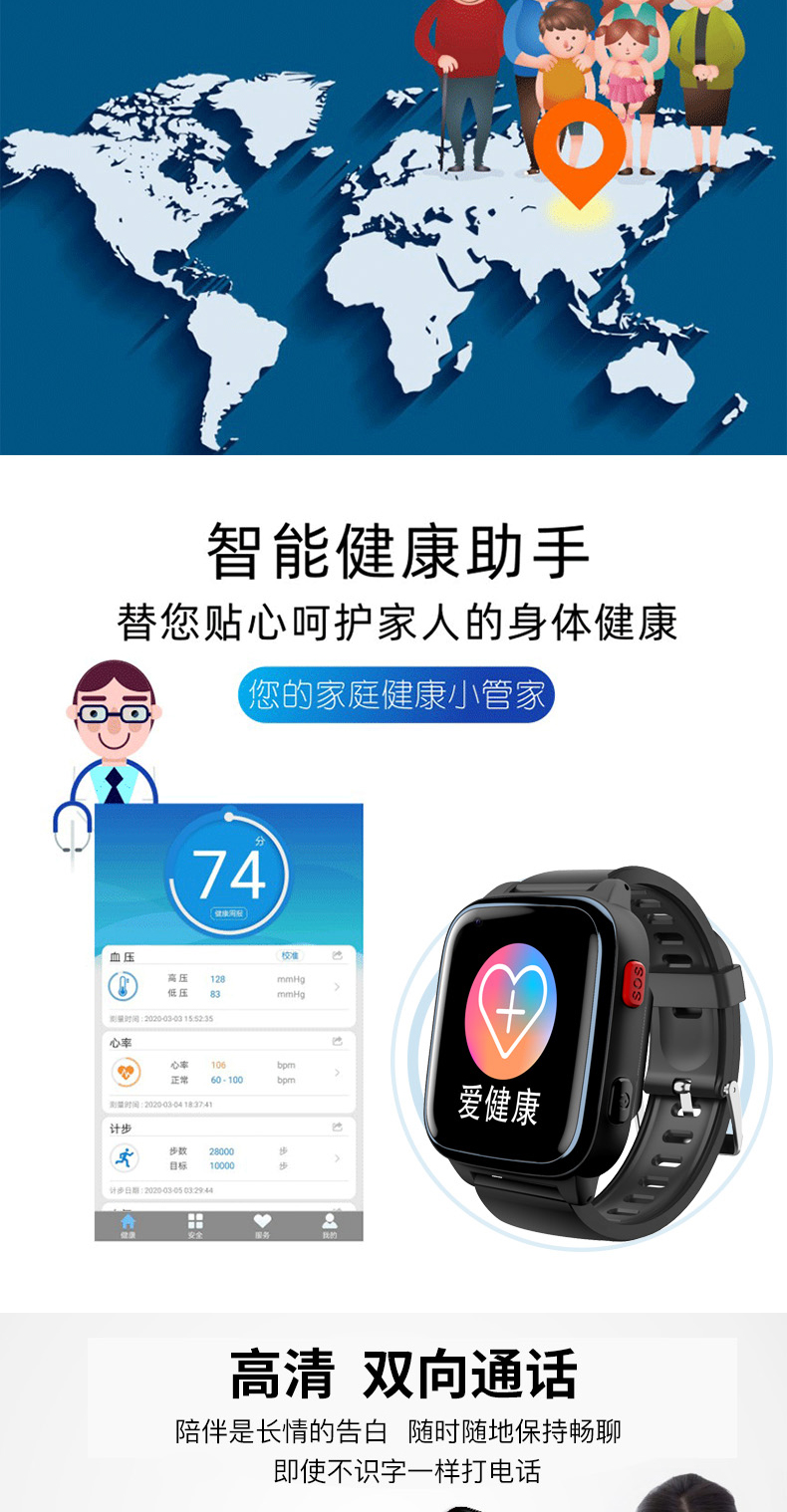 老人防走失定位智能手环远程血压心率房颤健康监测老年4g全网通电信版