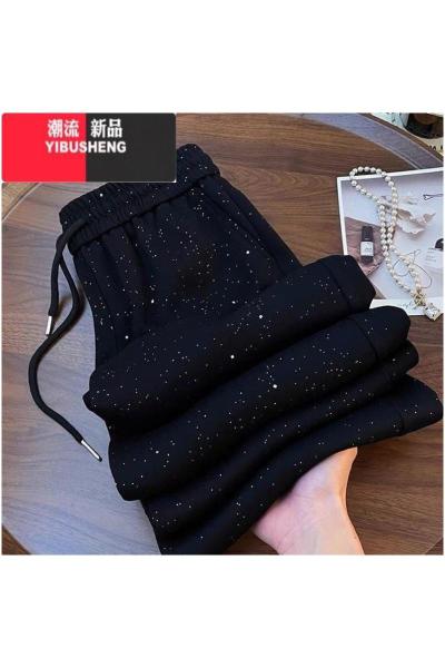 YIBUSHENG大码300斤满天星烫钻高腰阔腿裤女胖mm季宽松高腰小众休闲裤2