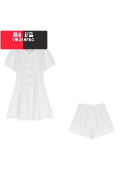 YIBUSHENG学院风白色短袖衬衫连衣裙女装季法式收腰a字裙小个子百褶短裙