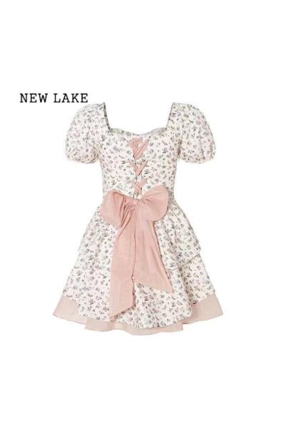 NEW LAKE法式蝴蝶结连衣裙女夏季高级感气质公主蓬蓬裙收腰显瘦小个子短裙
