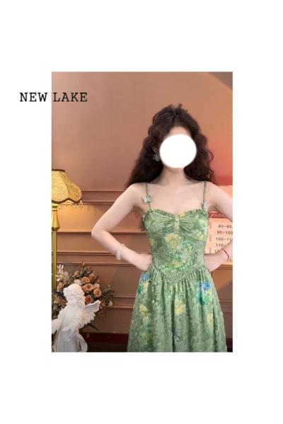 NEW LAKE大码微胖碎花绿色连衣裙女胖MM夏季显瘦遮肚裙子法式吊带长裙套装
