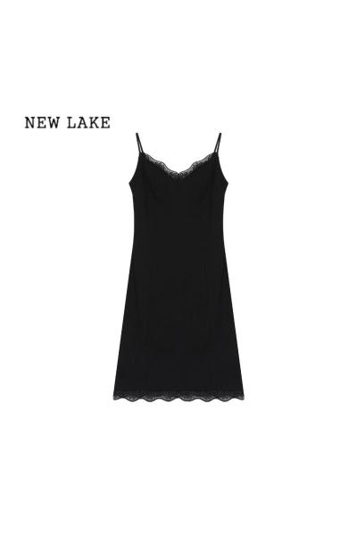 NEW LAKE黑色辣妹吊带裙纯欲风蕾丝边连衣裙女夏季弹力收腰显瘦包臀裙短裙