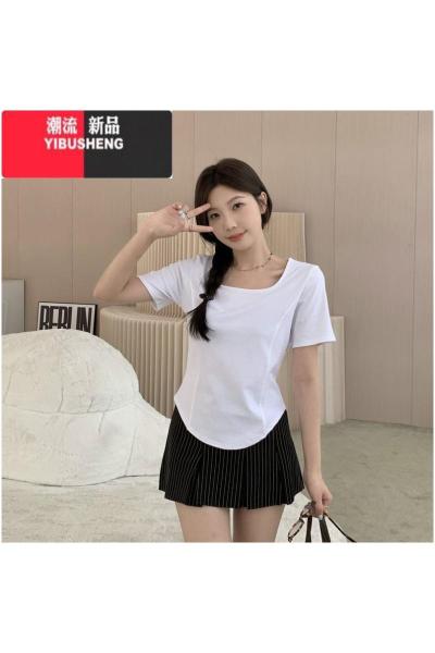 YIBUSHENG大码胖mm正肩方领不规则鱼骨短袖t恤女2024季甜美显瘦遮肉上衣