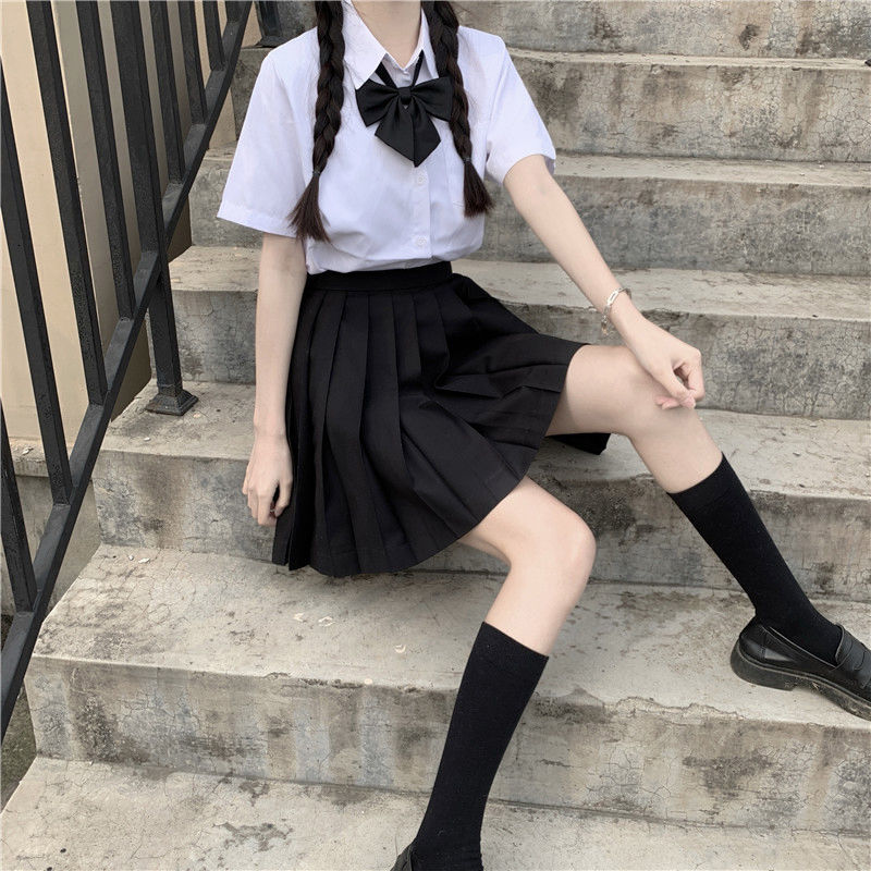 【买一送二】百褶裙高腰a字短裙学院风女生半身裙显瘦黑色短裙子 黑