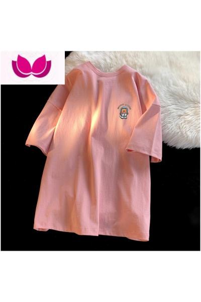 七斓短袖t恤女夏季宽松显瘦粉色五分半袖体恤打底衫简约百搭上衣