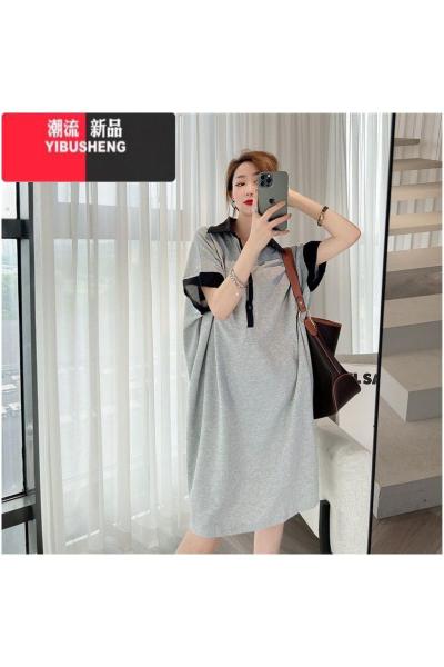 YIBUSHENG季新款大码宽松胖MM2-300斤polo领T恤中长款宽松短袖撞色连衣裙