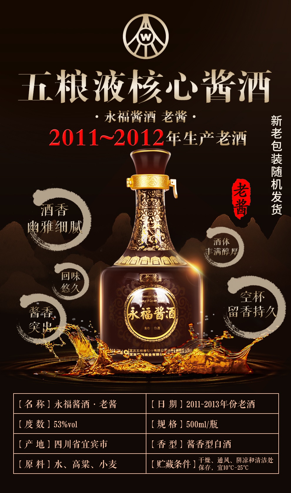 五粮液股份 永福酱酒 老酱 53度500ml*1单瓶装酱香型白酒礼盒装收藏