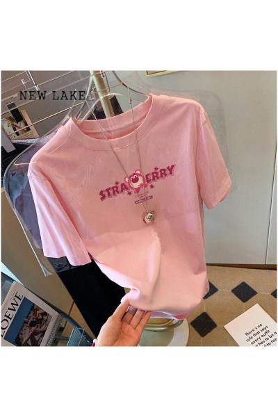 NEW LAKE2024夏季新款小熊正肩粉色纯棉短袖T恤女时尚宽松百搭白色上衣潮