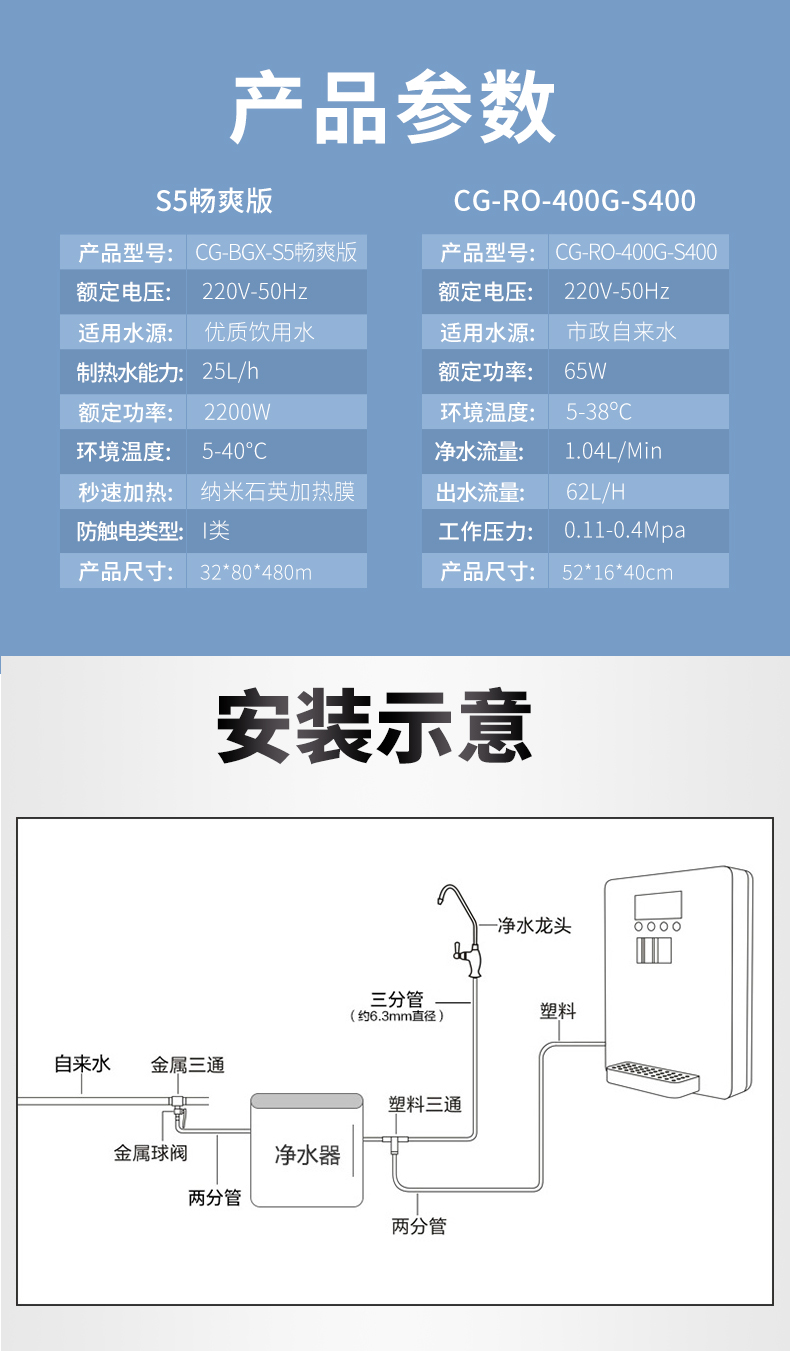 厨下式自来水过滤器无桶ro反渗透净水机无胆直饮冷热两用壁挂式管线机