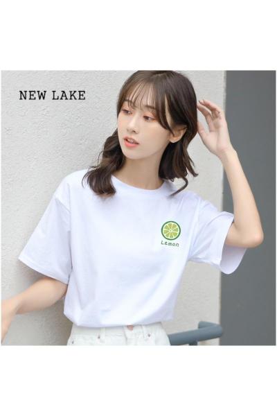 NEW LAKE纯棉短袖t恤女装夏季2024年新款白色宽松t桖设计感小众学生上衣潮