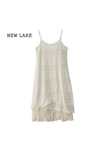 NEW LAKE原创自制夏季新款复古蕾丝假两件吊带裙法式海边度假风连衣裙长裙