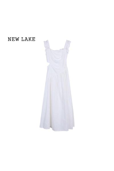 NEW LAKE法式白色飞飞袖连衣裙女夏季设计感镂空气质收腰显瘦初恋长款裙子