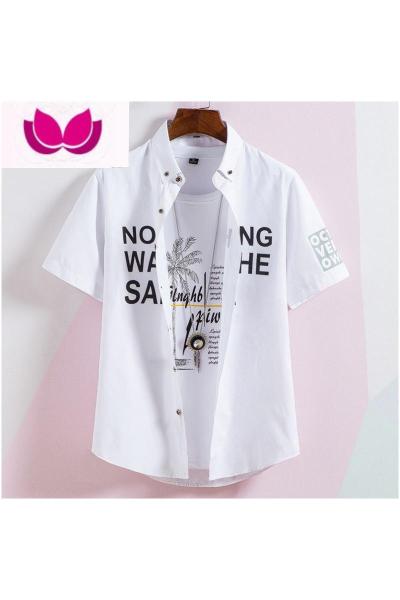 七斓男士短袖衬衫休闲夏季白色半袖衬衣韩版潮流帅气夏装中学生上衣服