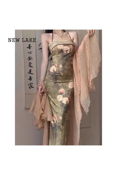 NEW LAKE新中式改良版旗袍高级感少女中国风复古油画挂脖吊带抹胸连衣裙女